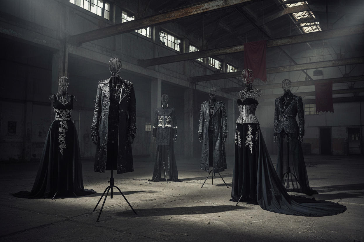 Ambiente gótico industrial com roupa de moda alta